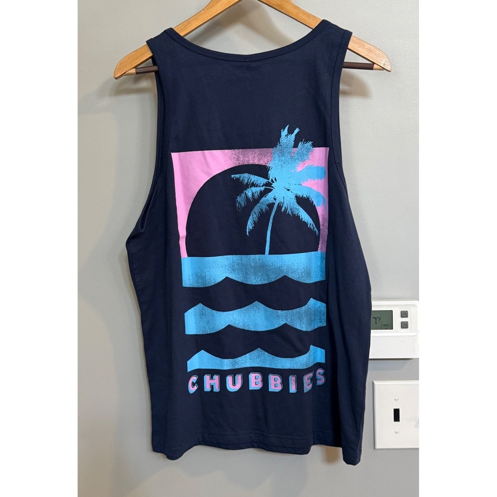 Chubbies Navy Blue The Weekend Has Arrived Palm Tree Tank Top Men's Small